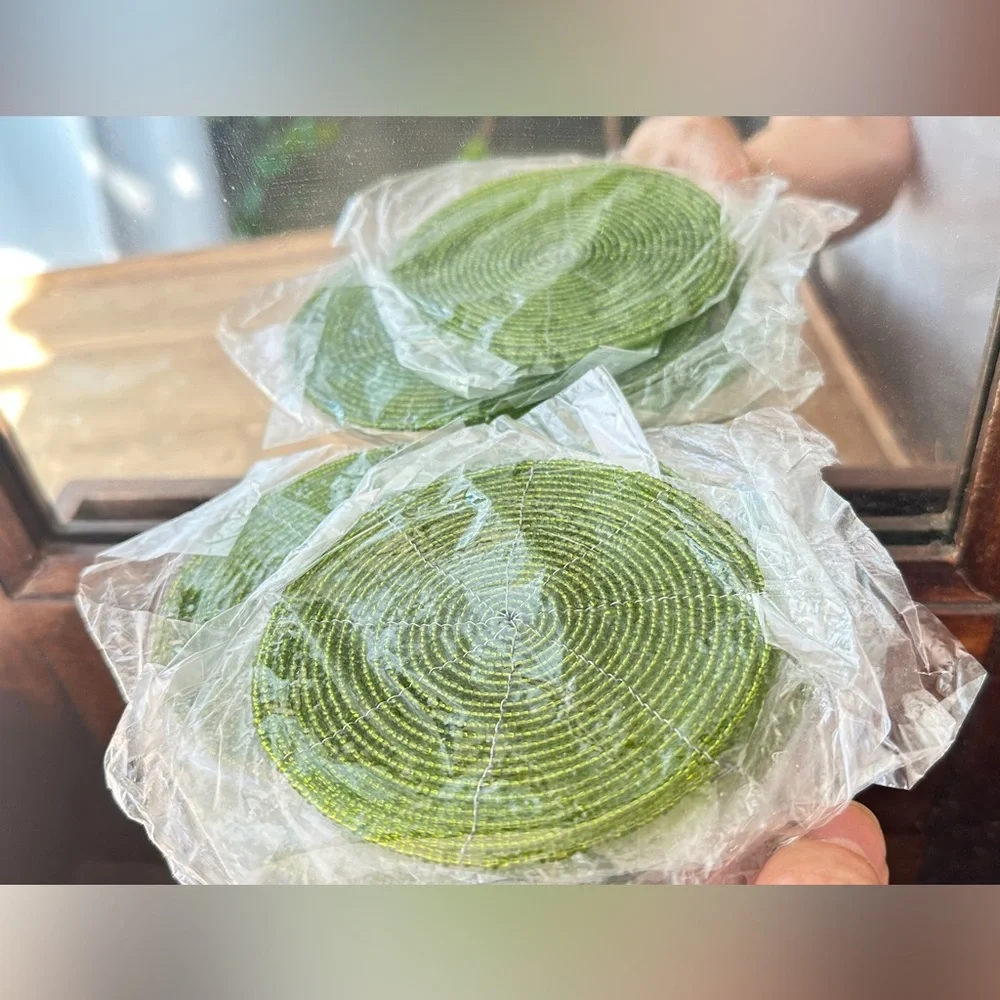 Green Glass beaded 6 Coasters Table Top Decor water ring protector